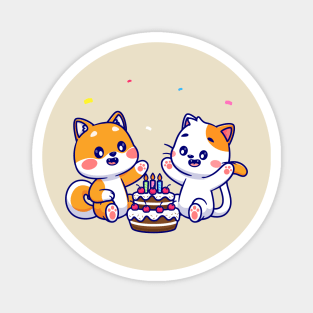 Cute Shiba Inu Dog And Cat With Birthday Cake Cartoon Magnet